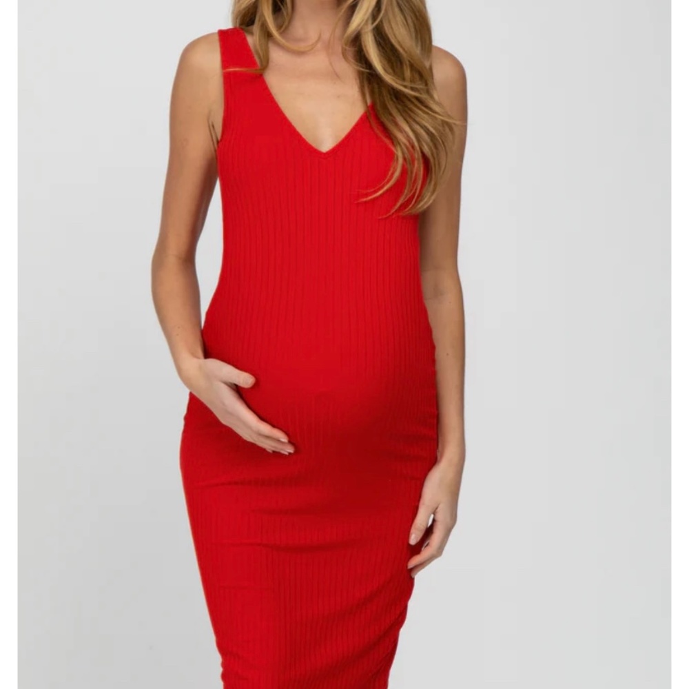 Capella Red Sleeveless Ribbed Knit Fitted Maternity Dress, Small